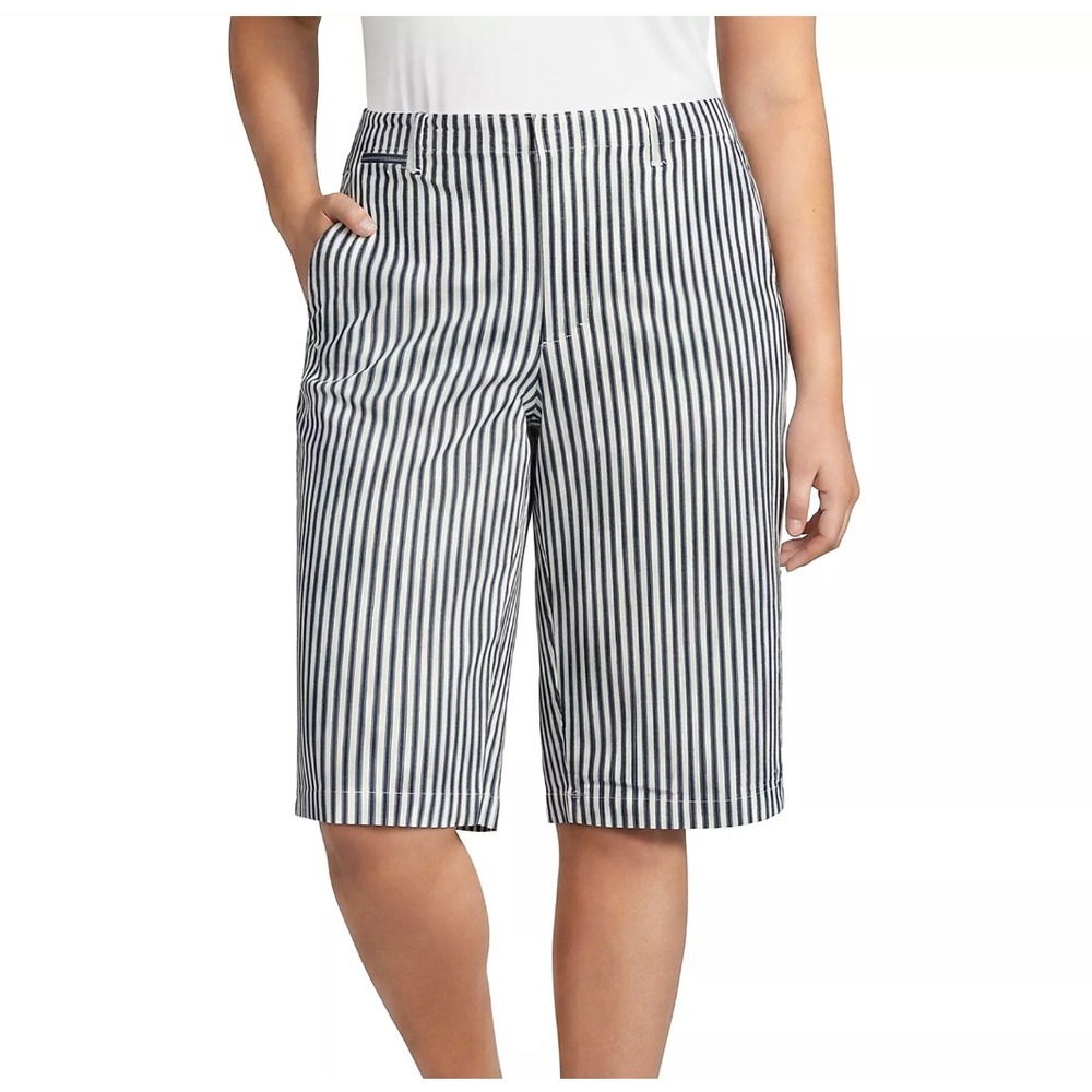 Lands End Womens 18W Elastic Back 12in Chino Oxford Stripe Bermuda Shorts Blue
